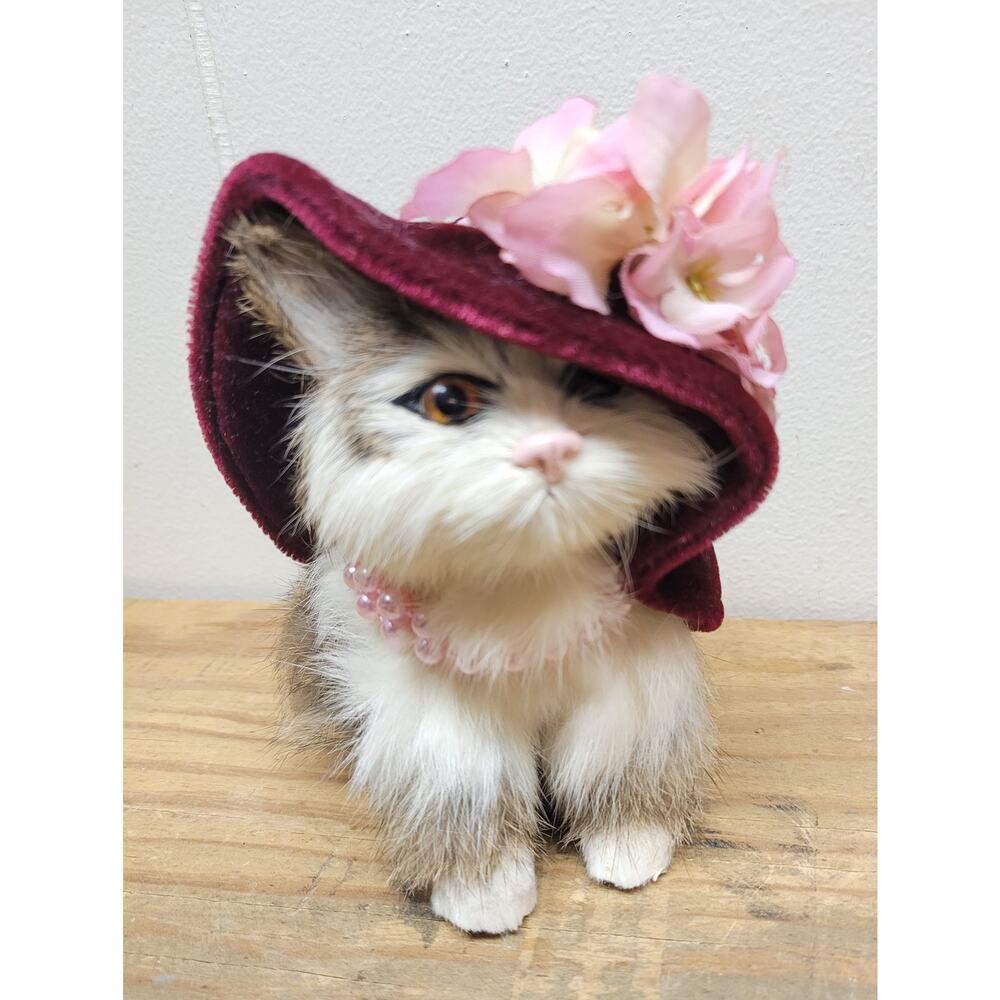 Vintage Real Rabbit Fur Realistic Cat Figurine Velvet Hat Pink Flower Pearls